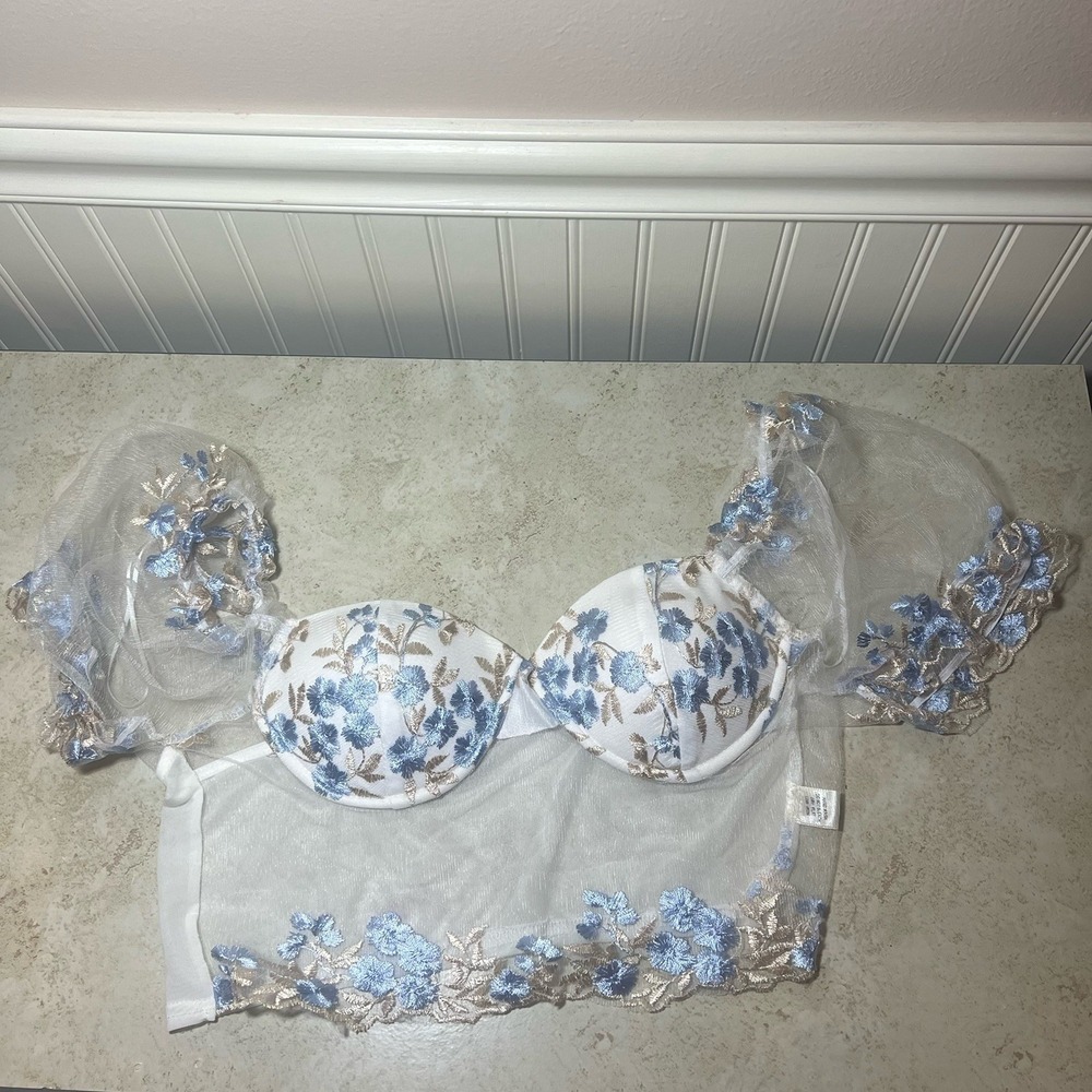 Mele E Pere Floral Embroidered Mesh Corset Crop Top Off Shoulder Bustier Large